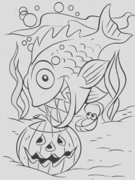 This is a Halloween image because there is a pumpkin and that is a piranha.