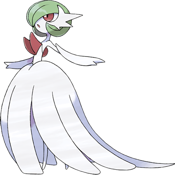 Gardevoir is a bipedal, bishōjo-like pokémon whose body resembles a flowing  gown. most of its body is white, but its hair, arms, and the underside of  its gown are green. its hair